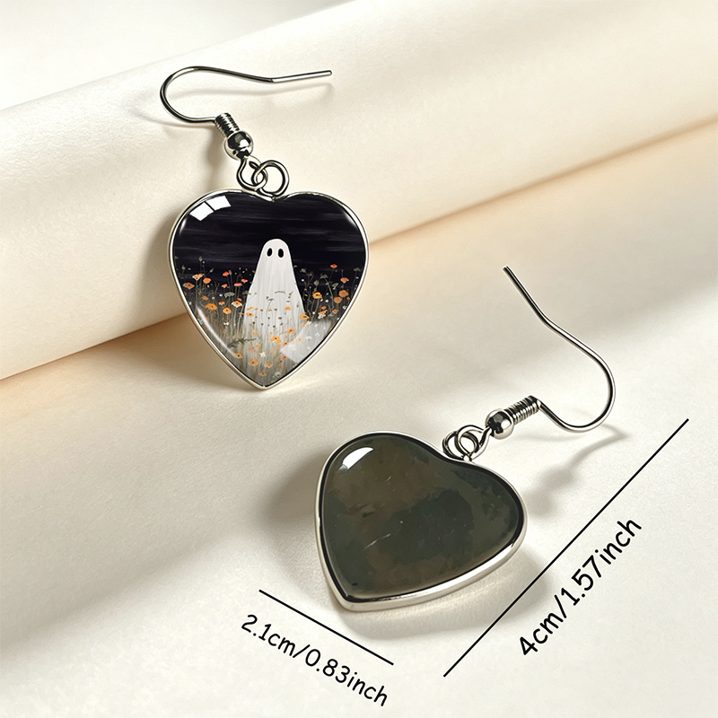 Wildflower Meadow Ghost Pattern Heart-Shaped Earrings